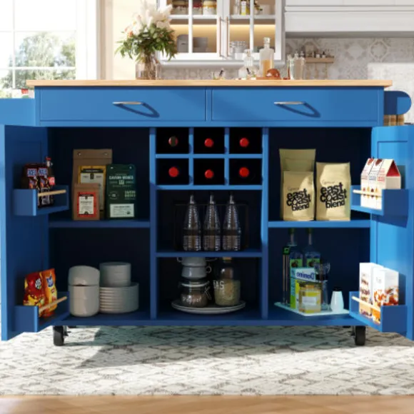 Moderne køkkenø (102x45x92cm) i blå med træstruktur – multifunktionel som spisebord, køkkenskab & buffetskænk med opbevaringsplads Blue