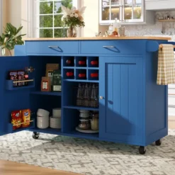 Moderne køkkenø (102x45x92cm) i blå med træstruktur – multifunktionel som spisebord, køkkenskab & buffetskænk med opbevaringsplads Blue