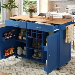 Moderne køkkenø (102x45x92cm) i blå med træstruktur – multifunktionel som spisebord, køkkenskab & buffetskænk med opbevaringsplads Blue