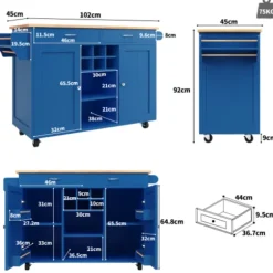 Moderne køkkenø (102x45x92cm) i blå med træstruktur – multifunktionel som spisebord, køkkenskab & buffetskænk med opbevaringsplads Blue