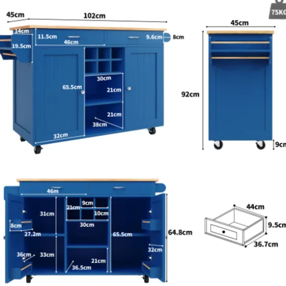 Moderne køkkenø (102x45x92cm) i blå med træstruktur – multifunktionel som spisebord, køkkenskab & buffetskænk med opbevaringsplads Blue