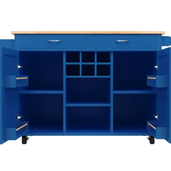 Moderne køkkenø (102x45x92cm) i blå med træstruktur – multifunktionel som spisebord, køkkenskab & buffetskænk med opbevaringsplads Blue
