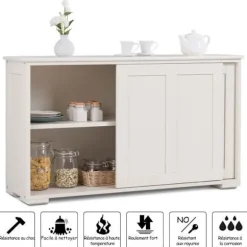 Moderne lav skænk - Skænk - Blank hvidlakeret - Skydedøre - 2 MDF hylder beige