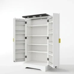 Moderne opbevaringsskab med LED-sensor, køkkenskab med dobbeltdør og krydderihylde, 120 cm, hvid White