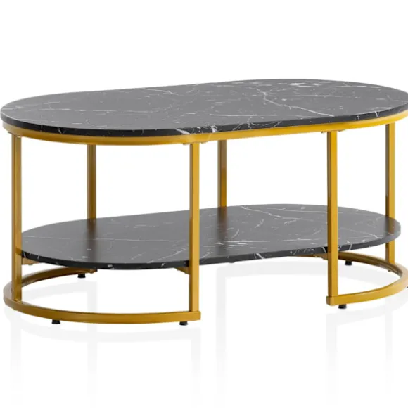 Moderne rektangulært sofabord - Sort og guld - Marmorlook - Afrundede hjørner - 100 cm x 60 cm x 45 cm - Opbevaringsområde - Robust metalstel - Elegan | Fyndiq