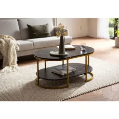 Moderne rektangulært sofabord - Sort og guld - Marmorlook - Afrundede hjørner - 100 cm x 60 cm x 45 cm - Opbevaringsområde - Robust metalstel - Elegan | Fyndiq