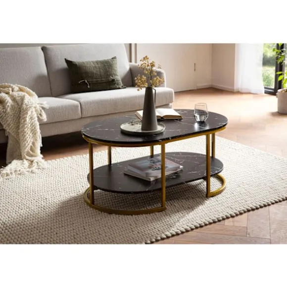 Moderne rektangulært sofabord - Sort og guld - Marmorlook - Afrundede hjørner - 100 cm x 60 cm x 45 cm - Opbevaringsområde - Robust metalstel - Elegan | Fyndiq
