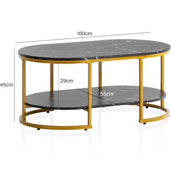 Moderne rektangulært sofabord - Sort og guld - Marmorlook - Afrundede hjørner - 100 cm x 60 cm x 45 cm - Opbevaringsområde - Robust metalstel - Elegan | Fyndiq