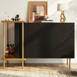 Moderne skænk med skjulte håndtag, 2 åbne rum og 16 cm metalben, minimalistisk Black