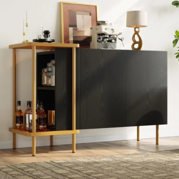 Moderne skænk med skjulte håndtag, 2 åbne rum og 16 cm metalben, minimalistisk Black