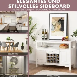 Moderne spisestuebuffet med krydsformet vinreol åben hylde 2 skabe & skuffe hvid