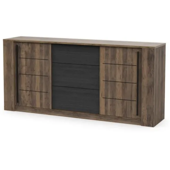 MONACO skænk - Eg og sort indretning - 2 låger + 3 skuffer - L206 x D44,9 x H94 cm - CBA MEUBLES Mörk ek och strukturerad svart