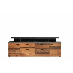 MOOD TV skab 2 låger og 2 skuffer - Ældret træ og mat grå melamin - L 180 x 47 x 66 cm Åldrat trä och mattgrå