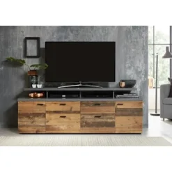 MOOD TV skab 2 låger og 2 skuffer - Ældret træ og mat grå melamin - L 180 x 47 x 66 cm Åldrat trä och mattgrå
