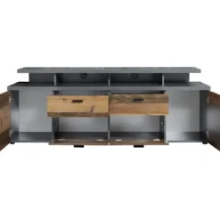 MOOD TV skab 2 låger og 2 skuffer - Ældret træ og mat grå melamin - L 180 x 47 x 66 cm Åldrat trä och mattgrå