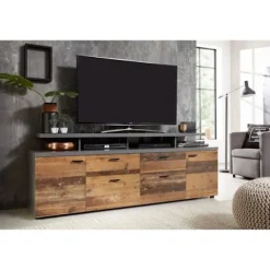 MOOD TV skab 2 låger og 2 skuffer - Ældret træ og mat grå melamin - L 180 x 47 x 66 cm Åldrat trä och mattgrå