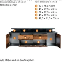 MOOD TV skab 2 låger og 2 skuffer - Ældret træ og mat grå melamin - L 180 x 47 x 66 cm Åldrat trä och mattgrå