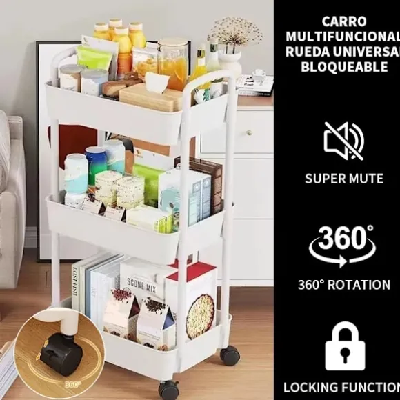 Multifunktionel opbevaringsvogn, 3 niveauer, på hjul, 360°, hvid KLB