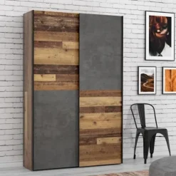 Multifunktions 2 skydedørs garderobe - Spånplade - Træ og grå beton - L 120 x D 41,6 x H 190,5 cm - OZZULA Gammalt vintage trä och mörkgrå bet