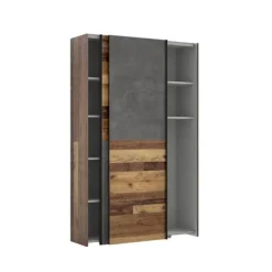 Multifunktions 2 skydedørs garderobe - Spånplade - Træ og grå beton - L 120 x D 41,6 x H 190,5 cm - OZZULA Gammalt vintage trä och mörkgrå bet