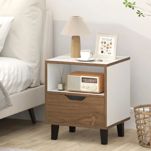 Natbord / sidebord med skuffe og hylde – Natur/hvid