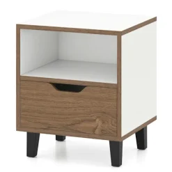Natbord / sidebord med skuffe og hylde – Natur/hvid