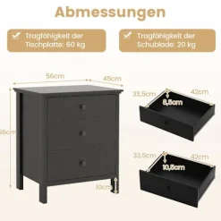 Natbord med 3 skuffer, sort, 56 x 45 x 66 cm