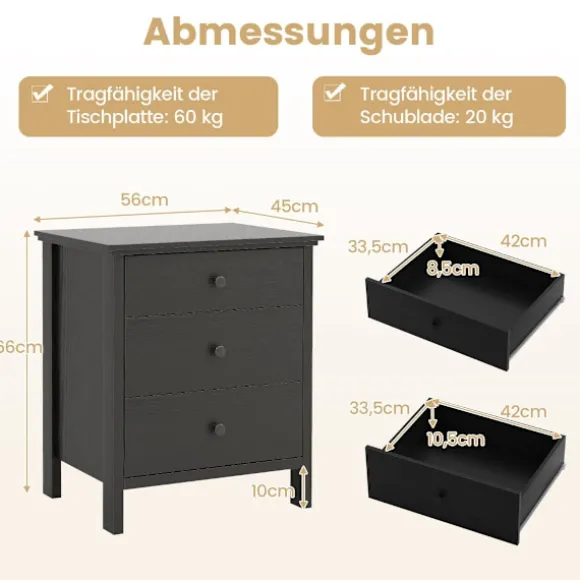 Natbord med 3 skuffer, sort, 56 x 45 x 66 cm