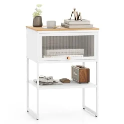 Natbord sidebord trænatbord med metalramme & hylde & gennemsigtig låge 40 x 32 x 56 cm hvid