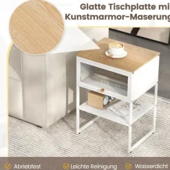 Natbord sidebord trænatbord med metalramme & hylde & gennemsigtig låge 40 x 32 x 56 cm hvid