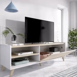 NESS stuesæt: TV-møbel + Løftbart sofabord - Melamin - Lys eg og hvid indretning Ljus ek och vit