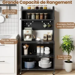 5-niveau køkkenbuffet COSTWAY, dobbeltdøre, perforeret panel, kroge, 4 hjul eller justerbare fødder, sort Svart
