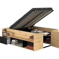 ODYSSEE Lit med opbevaringskiste til voksne - 140x190 / 200 cm - Med hævefunktion - Egetræ og sort dekor - 166,2 x 66,5 x 205,8 cm Ek och svart
