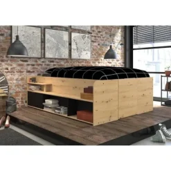 ODYSSEE Lit med opbevaringskiste til voksne - 140x190 / 200 cm - Med hævefunktion - Egetræ og sort dekor - 166,2 x 66,5 x 205,8 cm Ek och svart