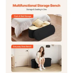 Opbevaringsbænk - DUOKU - Foldbar Oval - Polstret Teddy Plys Kiste - Sort - 299,37 kg Svart