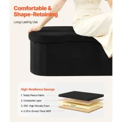 Opbevaringsbænk - DUOKU - Foldbar Oval - Polstret Teddy Plys Kiste - Sort - 299,37 kg Svart