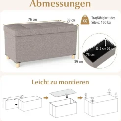 Opbevaringsbænk med bakke, linned, 76 cm, 78 l kapacitet, grå