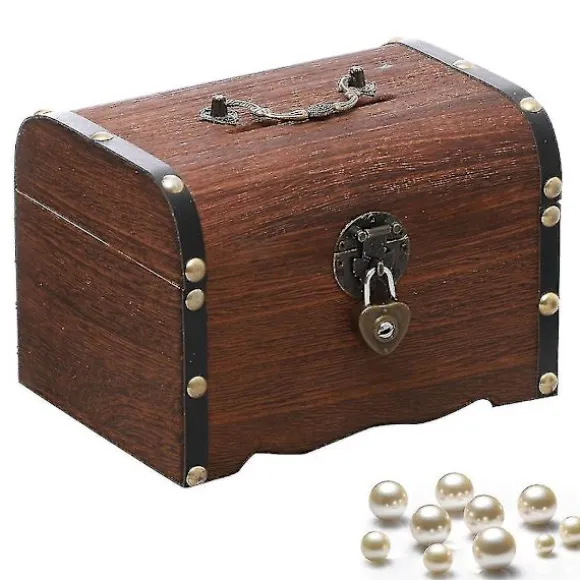 Opbevaringsboks Vintage Træskattebrød med Lås Møntboks Skattebrød Piratskatte Sparegris med Lås 1stk