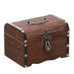 Opbevaringsboks Vintage Træskattebrød med Lås Møntboks Skattebrød Piratskatte Sparegris med Lås 1stk