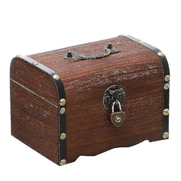Opbevaringsboks Vintage Træskattebrød med Lås Møntboks Skattebrød Piratskatte Sparegris med Lås 1stk