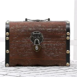 Opbevaringsboks Vintage Træskattebrød med Lås Møntboks Skattebrød Piratskatte Sparegris med Lås 1stk