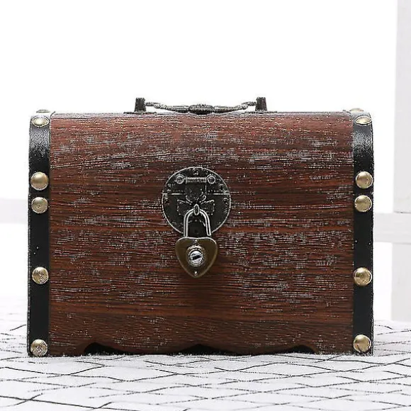 Opbevaringsboks Vintage Træskattebrød med Lås Møntboks Skattebrød Piratskatte Sparegris med Lås 1stk