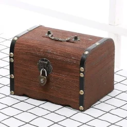Opbevaringsboks Vintage Træskattebrød med Lås Møntboks Skattebrød Piratskatte Sparegris med Lås 1stk