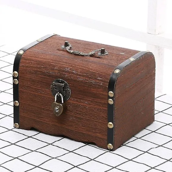Opbevaringsboks Vintage Træskattebrød med Lås Møntboks Skattebrød Piratskatte Sparegris med Lås 1stk