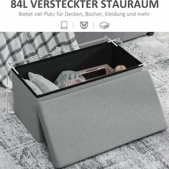 Opbevaringsfodskammel, polstret bænk med låg, mørkegrå