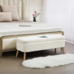 Opbevaringspuf, 65L, Fleece, Gummitræ, 120x42x45 cm, Creme