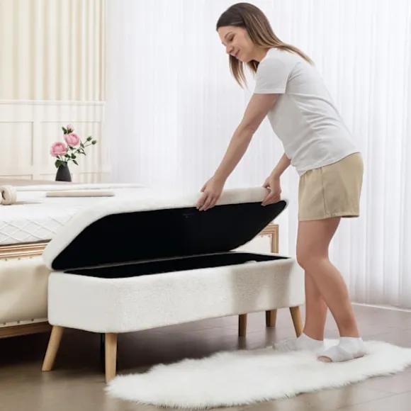 Opbevaringspuf, 65L, Fleece, Gummitræ, 120x42x45 cm, Creme