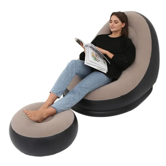 Oppustelig Flocking PVC Foldbar Stol med Fodskammel Komfortabel Oppustelig Lounge til Udendørs Camping Rejse Kaffe