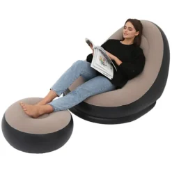 Oppustelig Flocking PVC Foldbar Stol med Fodskammel Komfortabel Oppustelig Lounge til Udendørs Camping Rejse Kaffe