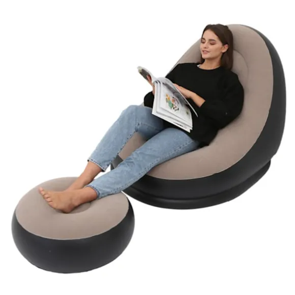 Oppustelig Flocking PVC Foldbar Stol med Fodskammel Komfortabel Oppustelig Lounge til Udendørs Camping Rejse Kaffe
